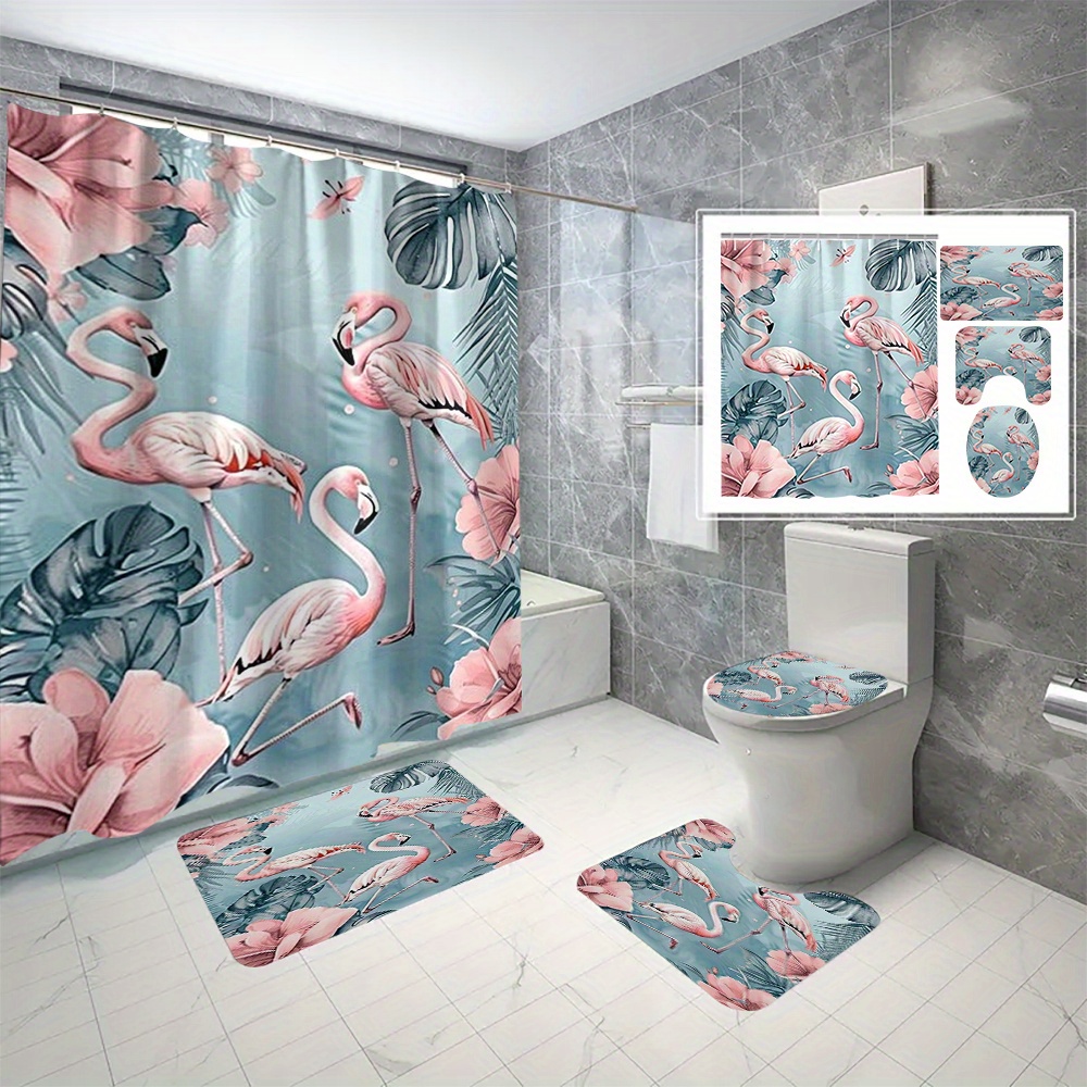 

4pcs Flamingo Pattern Bathroom Set, Shower Curtain With 12 Hooks & 3 Anti-slip Mats, Toilet Cover, Absorbent Bath Rug, Bathroom Accessories, Home Decor