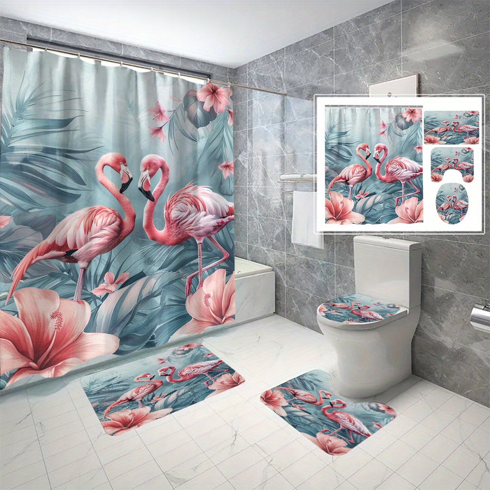 

4pcs Flamingo Printed Shower Curtain Set With 12 Hooks, Decorative Partition Curtain, Toilet Cover Mat, Bathroom Non-slip Mat, U-shape Carpet, Bathroom Accessories
