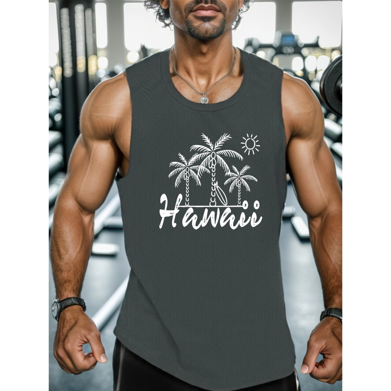 

Hawaii Vacation Print Summer Men's Quick Dry Moisture-wicking Breathable Tank Tops, Athletic Gym Bodybuilding Sports Sleeveless Shirts, For Running Training, Men's Clothing