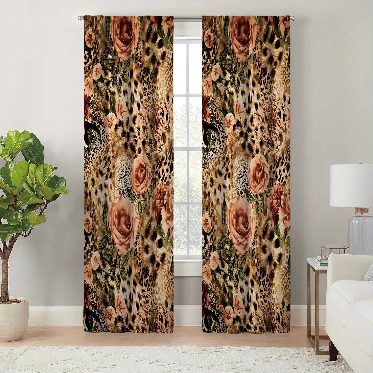 

2pcs, Vintage Leopard & Roses Print Drapes For Living Room And Bedroom, Easy Care, All-season Elegance, Durable With Easy Hanging