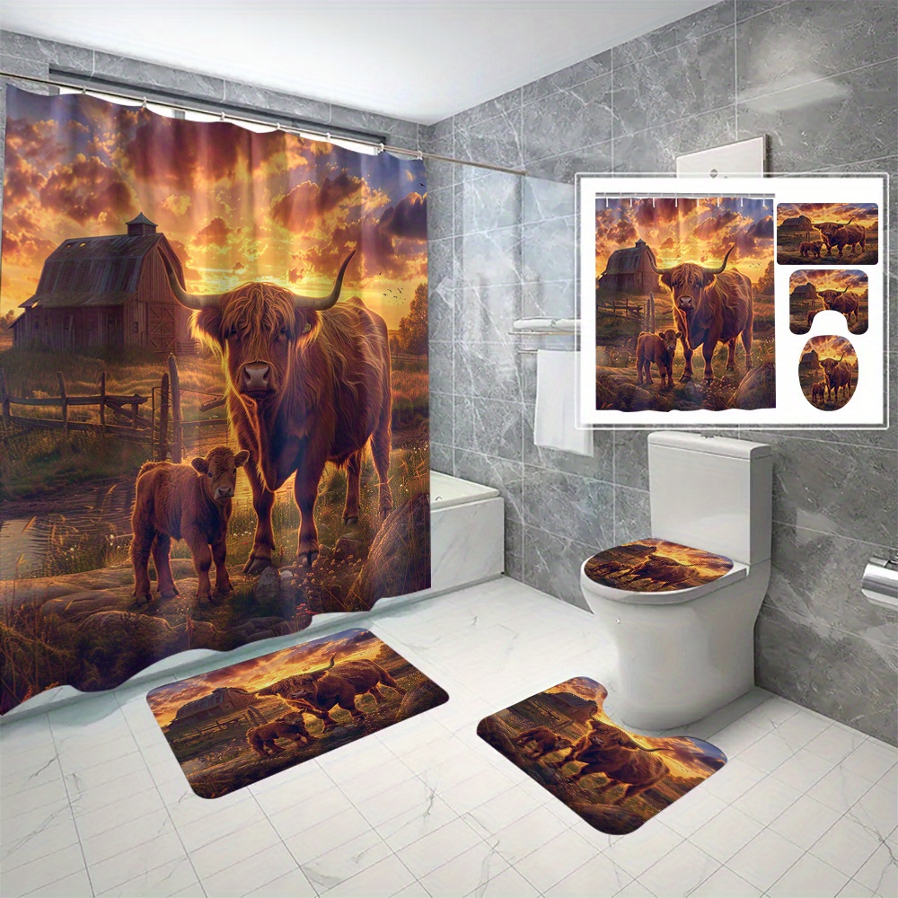 

4pcs Highland Cow Printed Shower Curtain Set With 12 Hooks, Decorative Partition Curtain, Toilet Cover Mat, Bathroom Non-slip Mat, U-shape Carpet, Bathroom Accessories