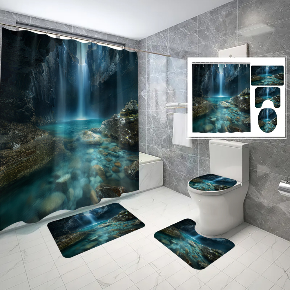 

4pcs/set Waterfall 3d Digital Print Bathroom Set, Waterproof And Mildew Resistant Shower Curtain With Curtain Hooks, Includes Bath Mat, Toilet Cover And Pedestal Rug, Easy Installation