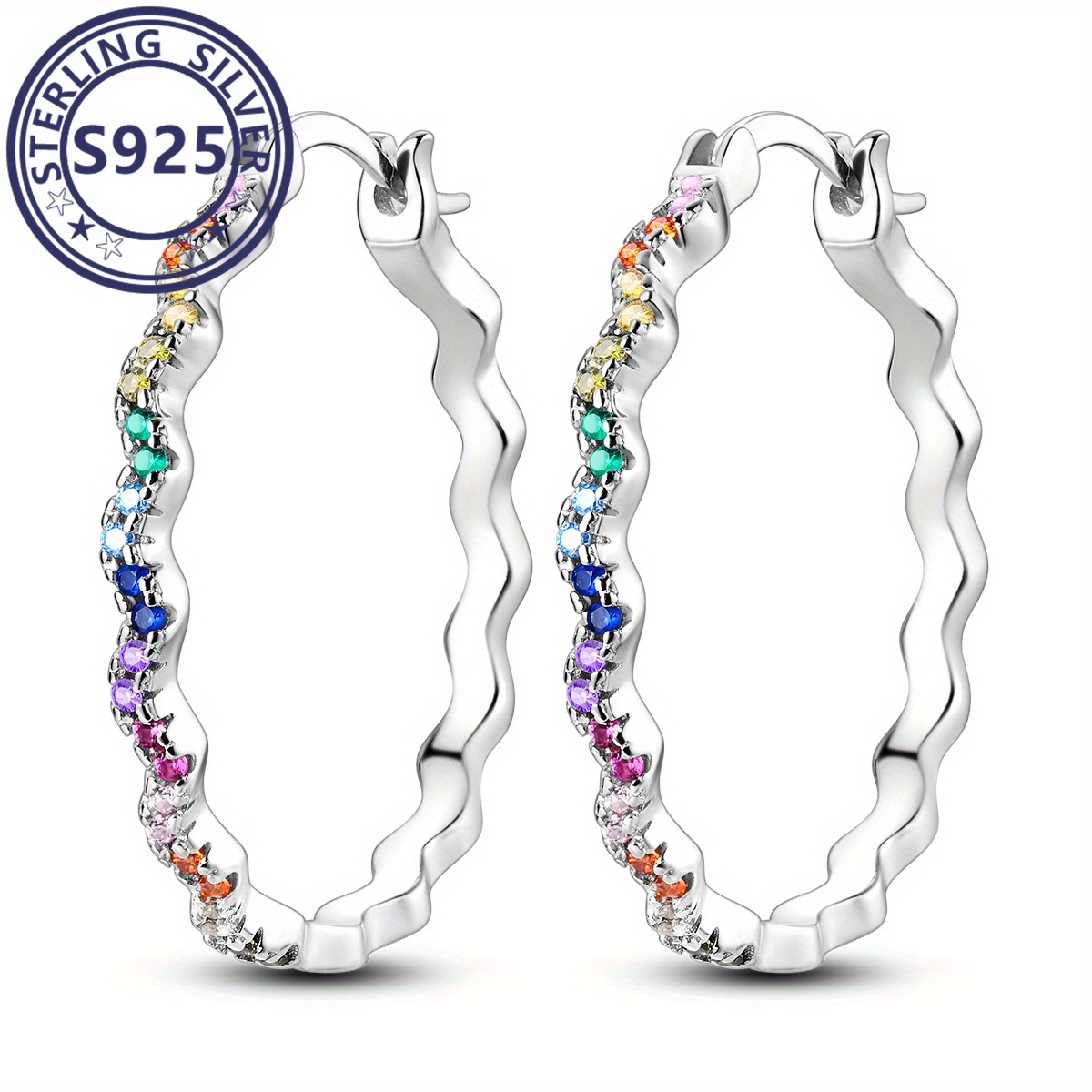 TEMU 1 Pair S925 Sterling Silver Multicolor Wavy Hoop Earrings, Elegant & Hypoallergenic Large Earrings Jewelry Gifts For Women