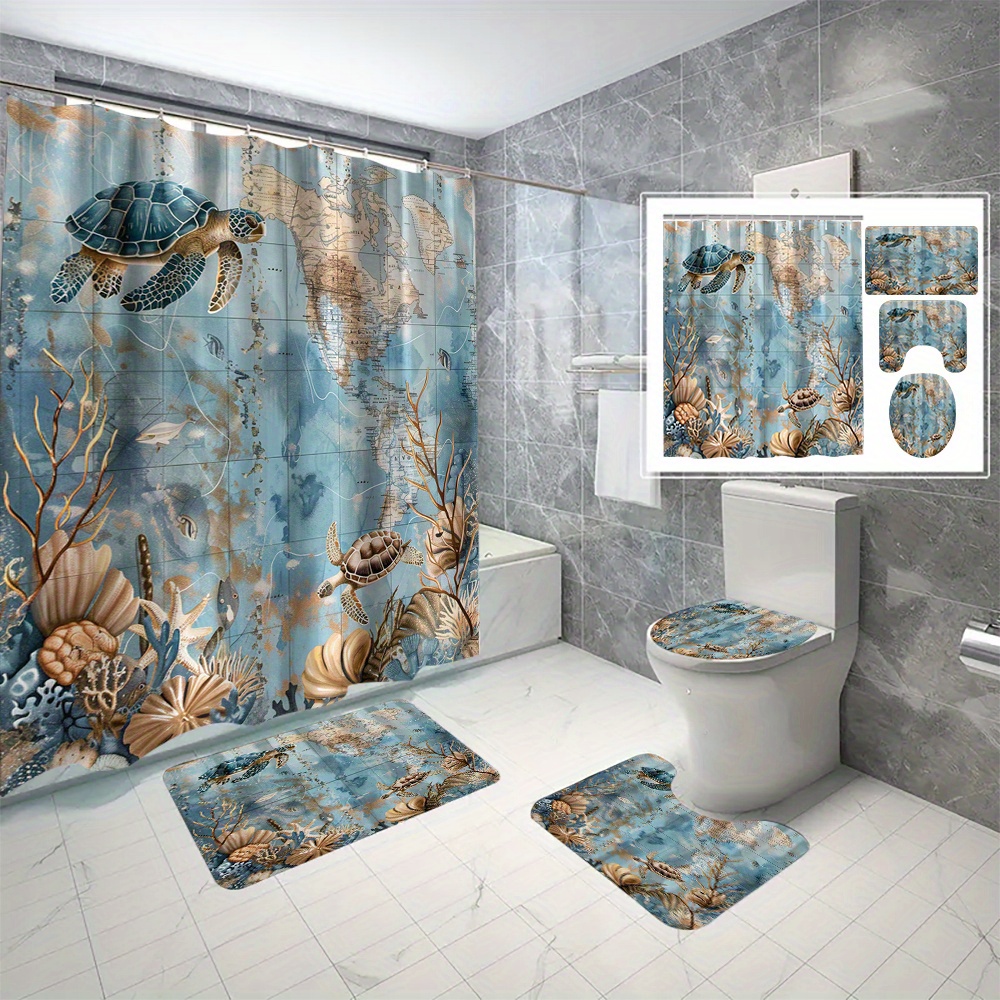 

4pcs Sea Turtle Printed Shower Curtain Set With 12 Hooks, Decorative Partition Curtain, Toilet Cover Mat, Bathroom Non-slip Mat, U-shape Carpet, Bathroom Accessories