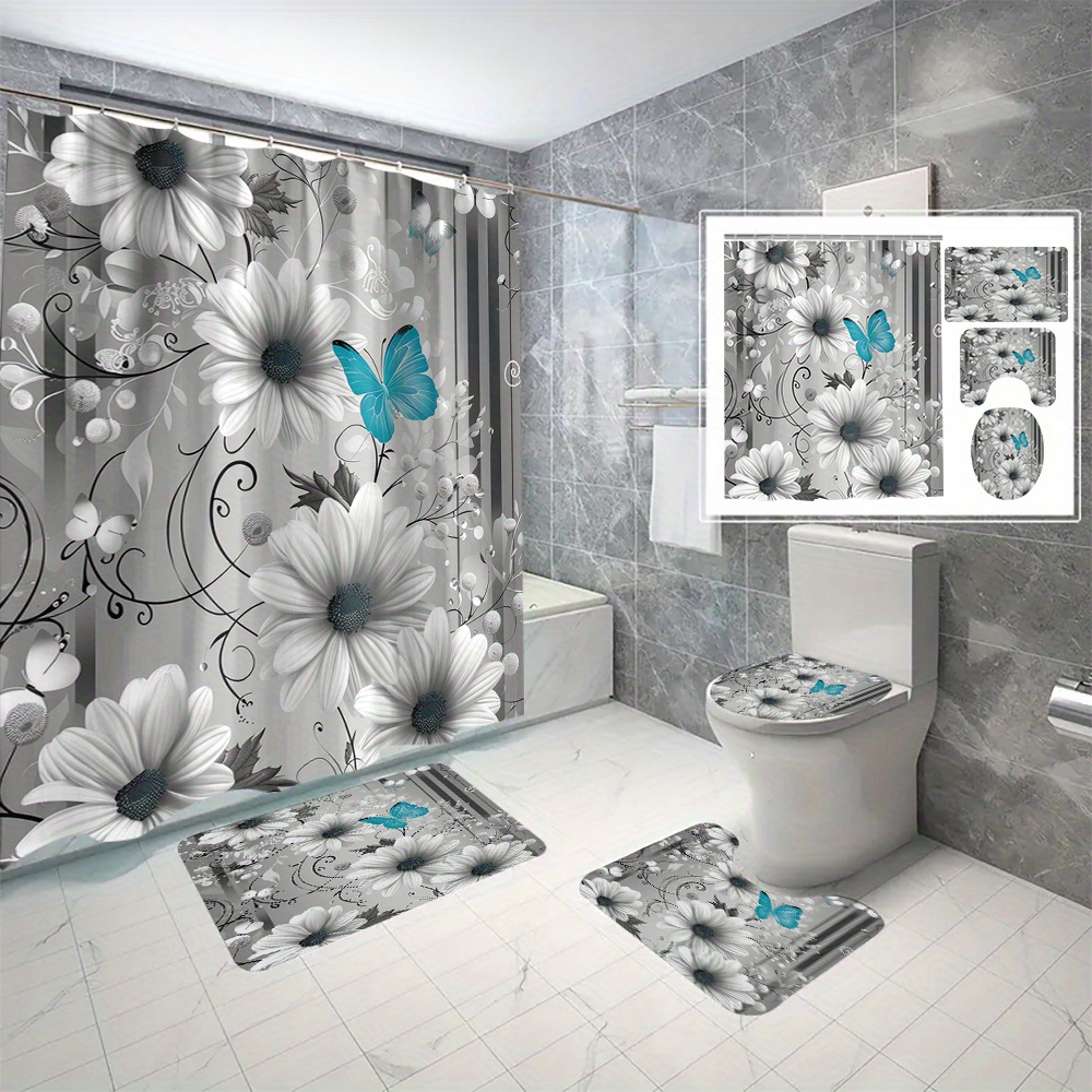 

4pcs Flower Pattern Bathroom Set, Shower Curtain With 12 Hooks & 3 Anti-slip Mats, Toilet Cover, Absorbent Bath Rug, Bathroom Accessories, Home Decor