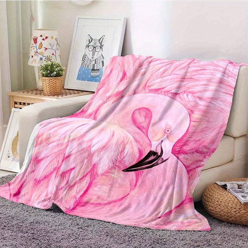 

Flamingo Print Soft Flannel Blanket - Polyester 100% - Large Pink Flamingo Throw For Bed Sofa Home Decor