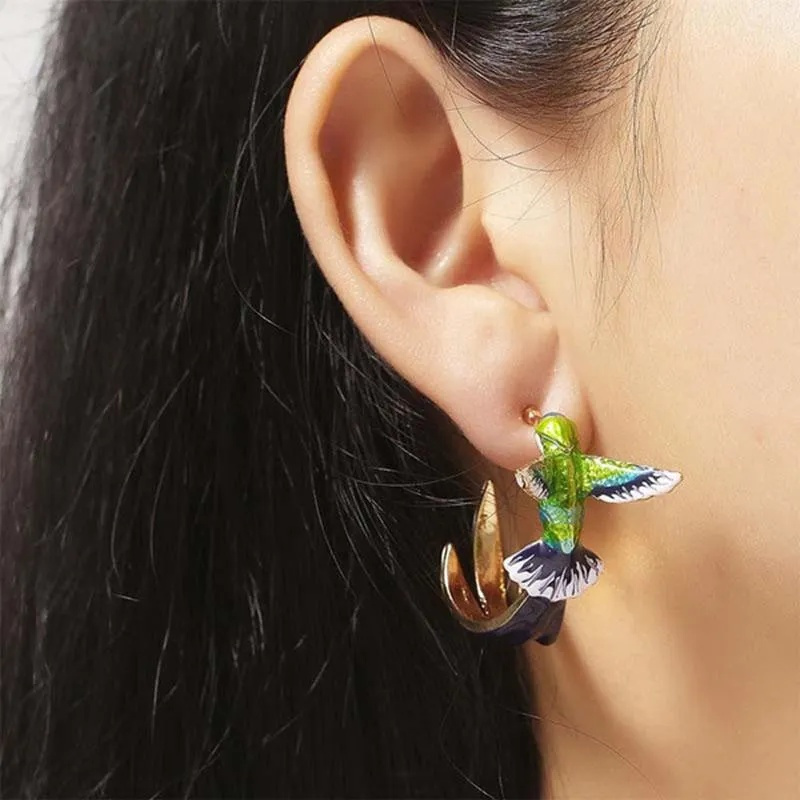 TEMU Colorful Hummingbird Design Stud Earrings - Elegant Enamel Jewelry For Women Summer Party Ear Decor