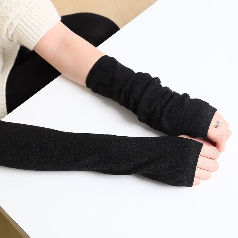 

3 Pairs Long Knit Gloves, Solid Color Elastic Elbow Length Arm Warmers With Thumb Hole, Winter Simple Stretchy Arm Covers