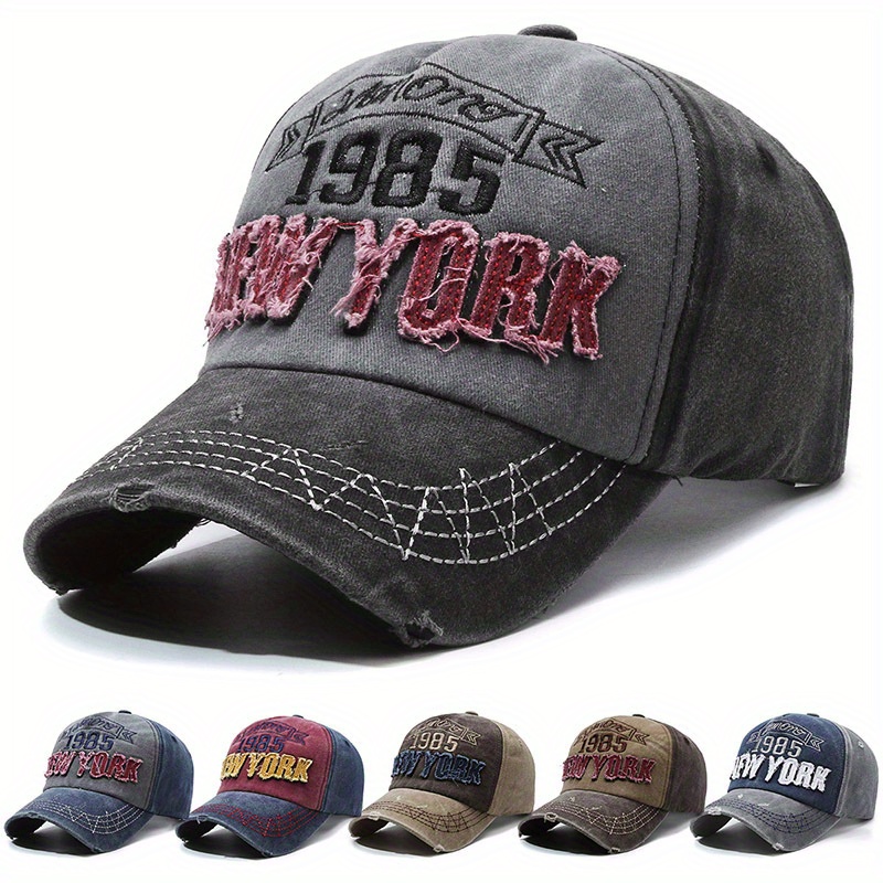 

Vintage 1985 New York Embroidered Baseball Cap, Adjustable Washed Distressed Cotton Peaked Hat, Outdoor Sun Protection Casual Sports Cap For Women