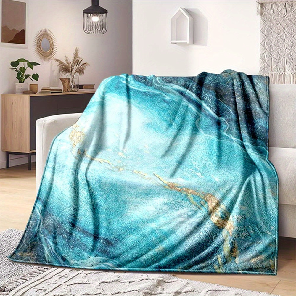 

Soft Polyester Flannel Blanket With Blue Marble Print, Large Size Cozy Throw For Couch, Sofa, Bed, Office, Camping, Multi-purpose Warm Blanket For All Seasons