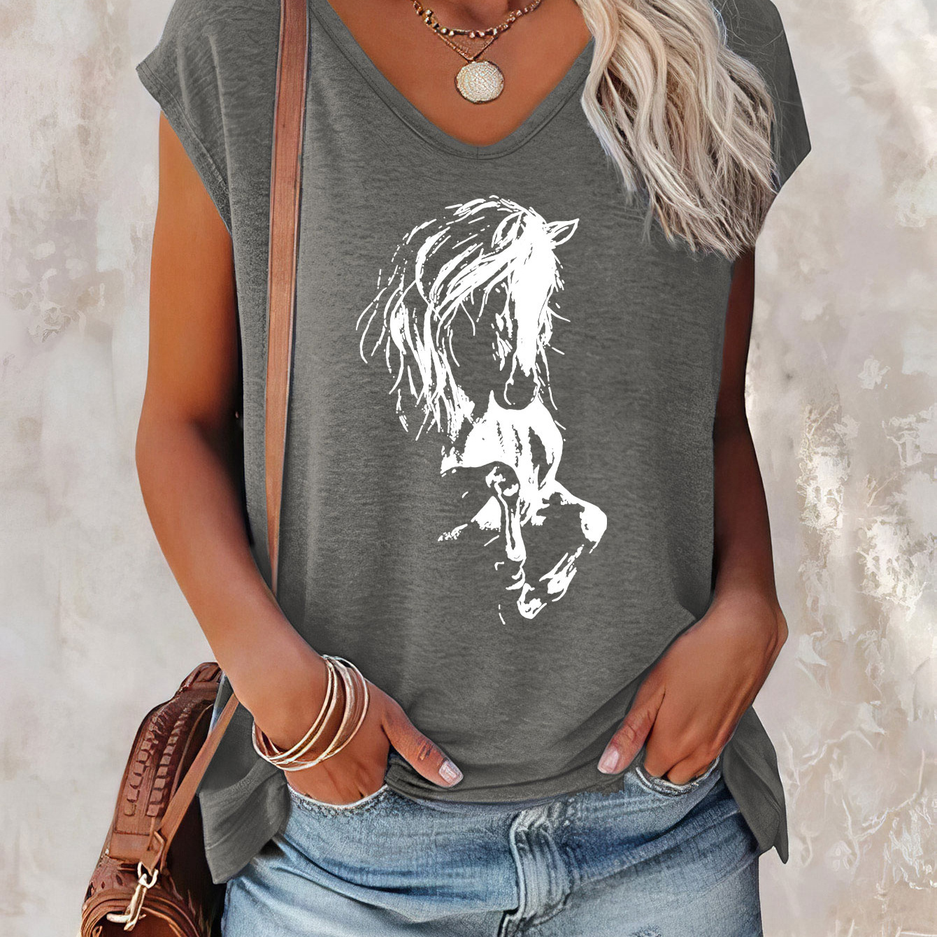 

Horse Print Cap Sleeve Top, Casual Top For Summer & Spring, Women's Clothing