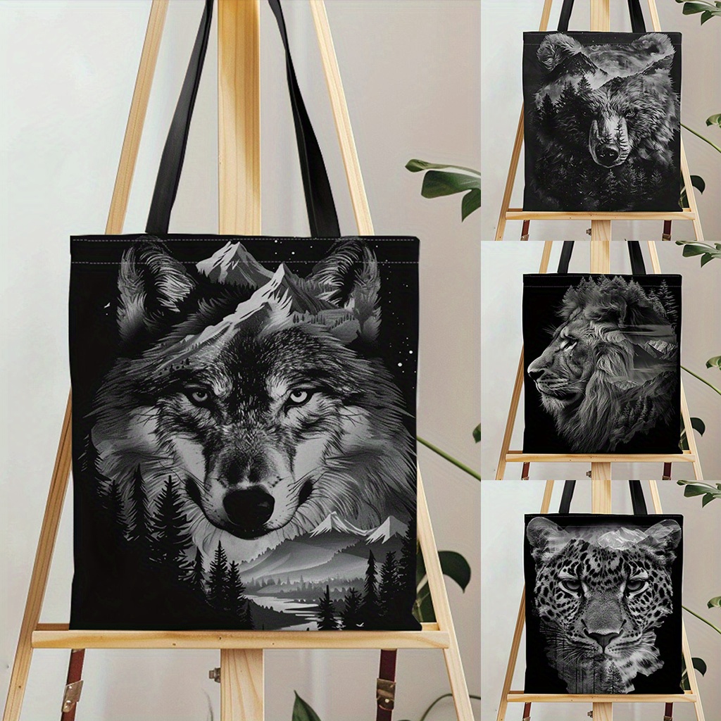 

Black Wolf Pattern Tote Bag, Canvas Travel And School Shoulder Bag, Lightweight Grocery Shopping Bag