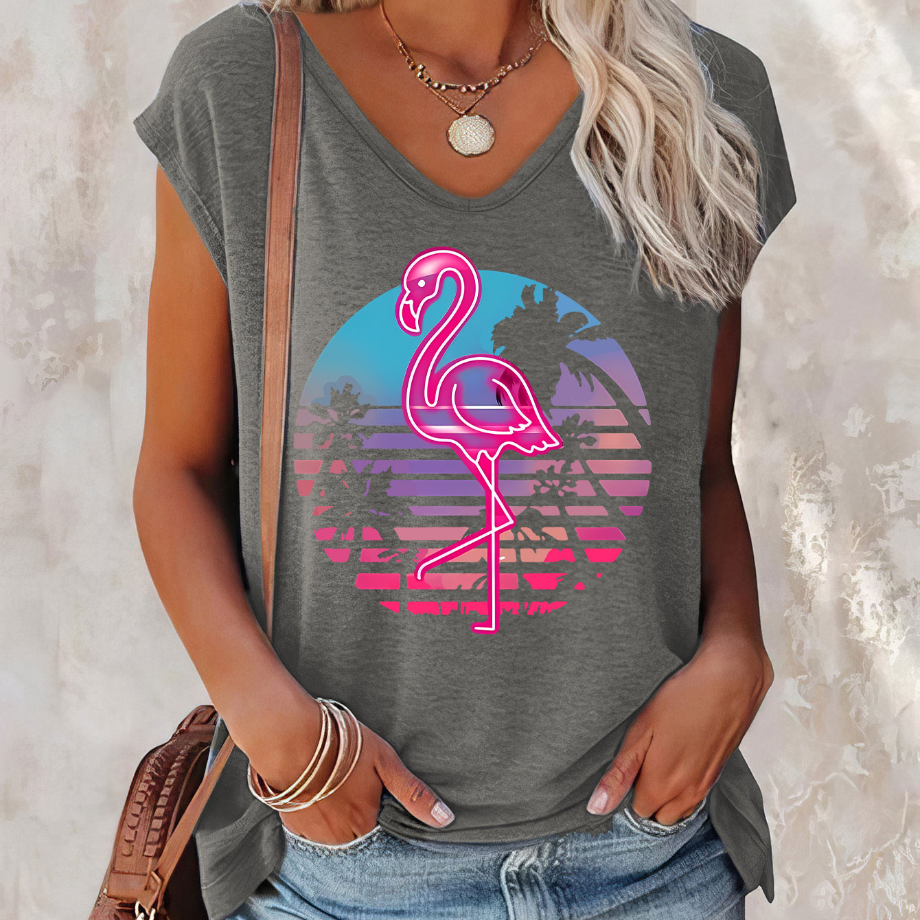 

Flamingo Print Cap Sleeve Top, Casual Top For Summer & Spring, Women's Clothing