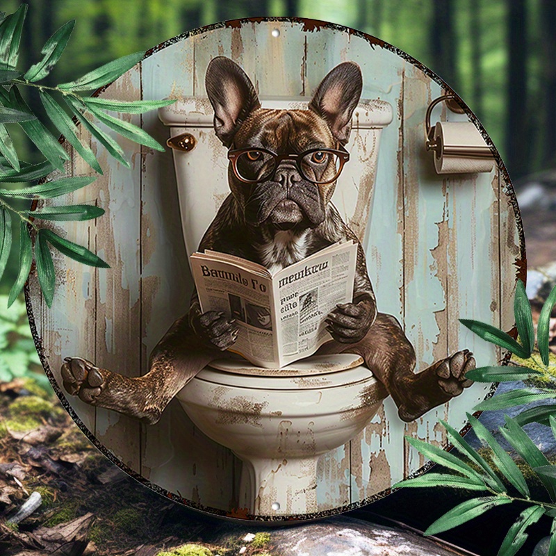 

French Bulldog Reading Newspaper - 8x8" Round Aluminum Sign | Durable & Uv Protected Metal Decor For Bathroom, Restaurant, Or Outdoor Garden