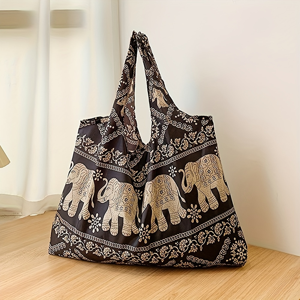 

Large Elephant Pattern Tote Bag, Vintage Foldable Shoulder Shopping Bag, Women's Spacious Nylon Carryall Bag
