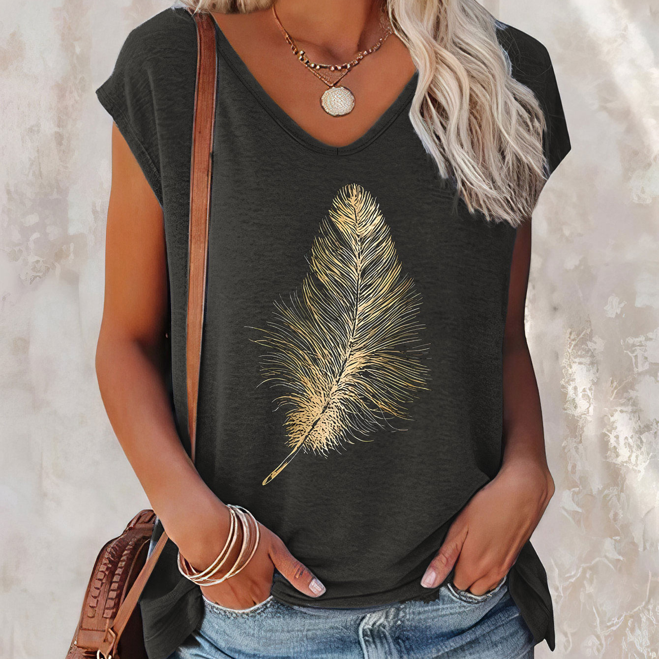 

Feather Print Cap Sleeve Top, Casual Top For Summer & Spring, Women's Clothing