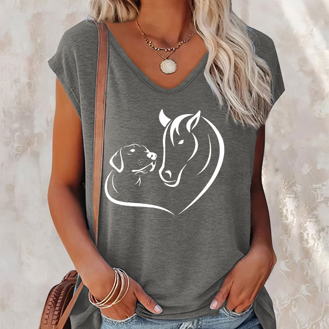 

Dog & Horse Print Cap Sleeve Top, Casual Top For Summer & Spring, Women's Clothing