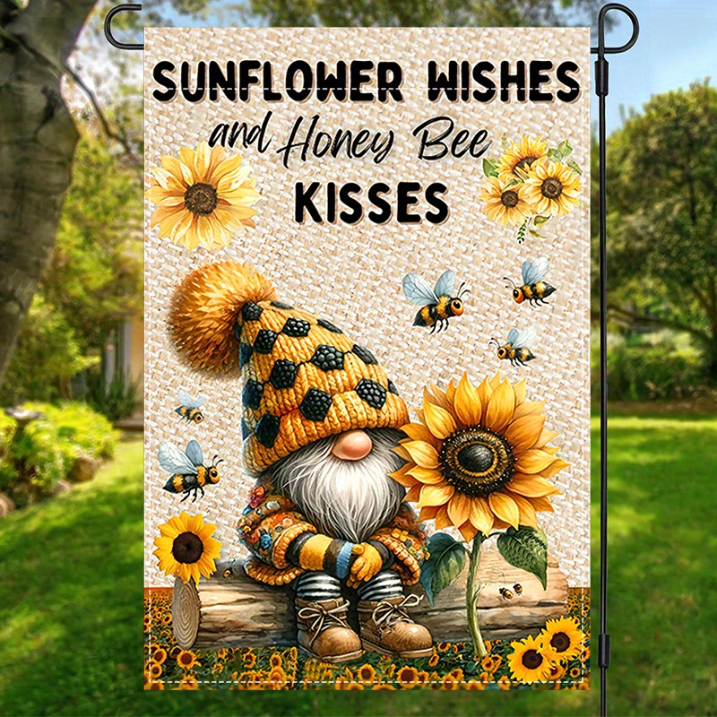 

1pc, Sunflower Gnomes Garden Flag, Cute Bees Double Sided Spring Summer Fall Double Sided Seasonal Burlap Garden Flag For Yard Lawn Outdoor Decor 12.5x18 Inch