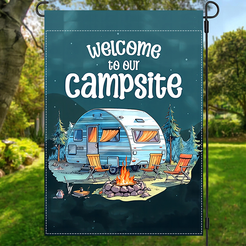 

1pc, Happy Camper Camping Welcome Garden Flag, 12×18inch Double Sided Vertical Burlap Travel Trailer Camping Yard Flags For Rv Campsite Campfire Outside Party Gift Flags Decor