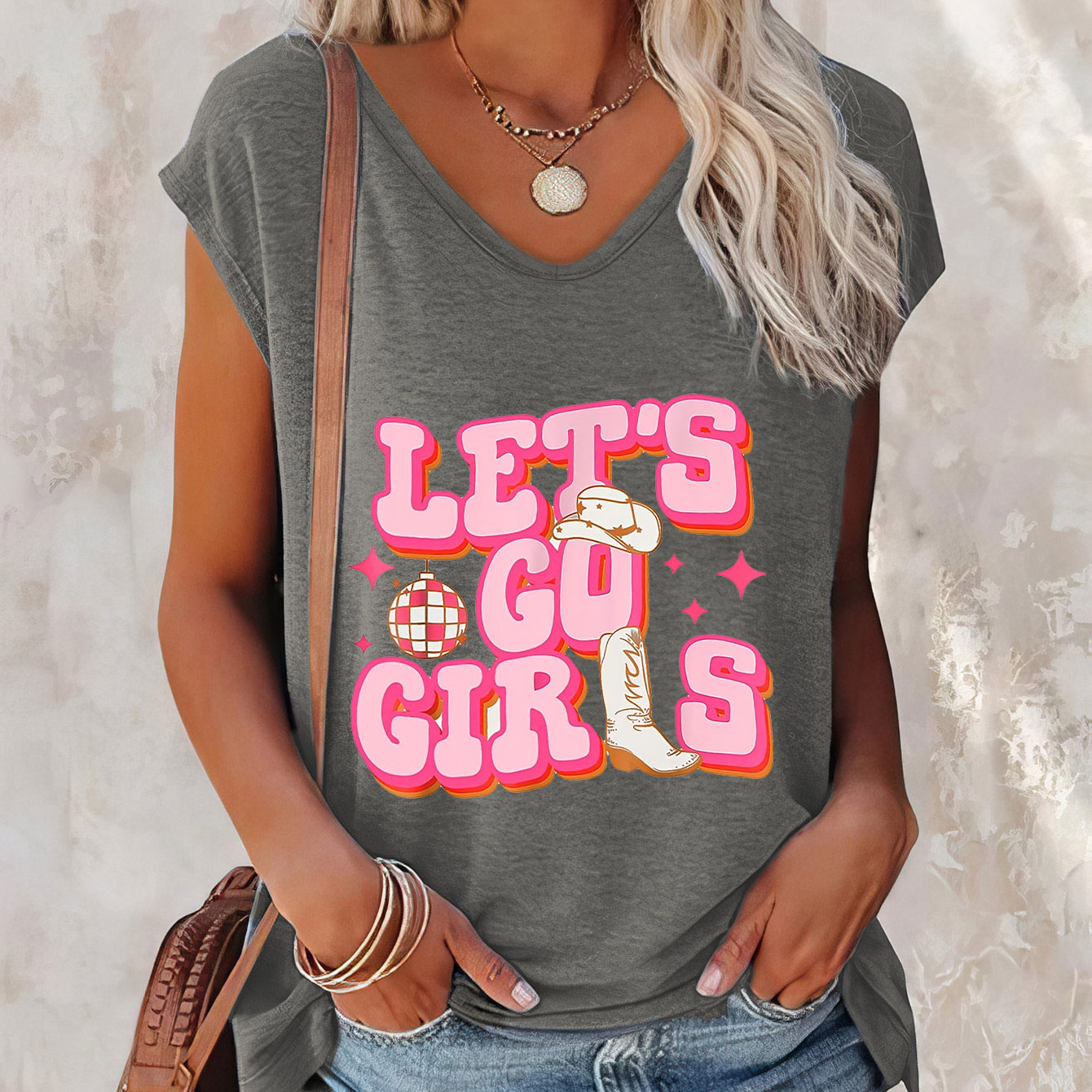 

Let's Go Girls Print Cap Sleeve Top, Casual V Neck Top For Summer & Spring, Women's Clothing