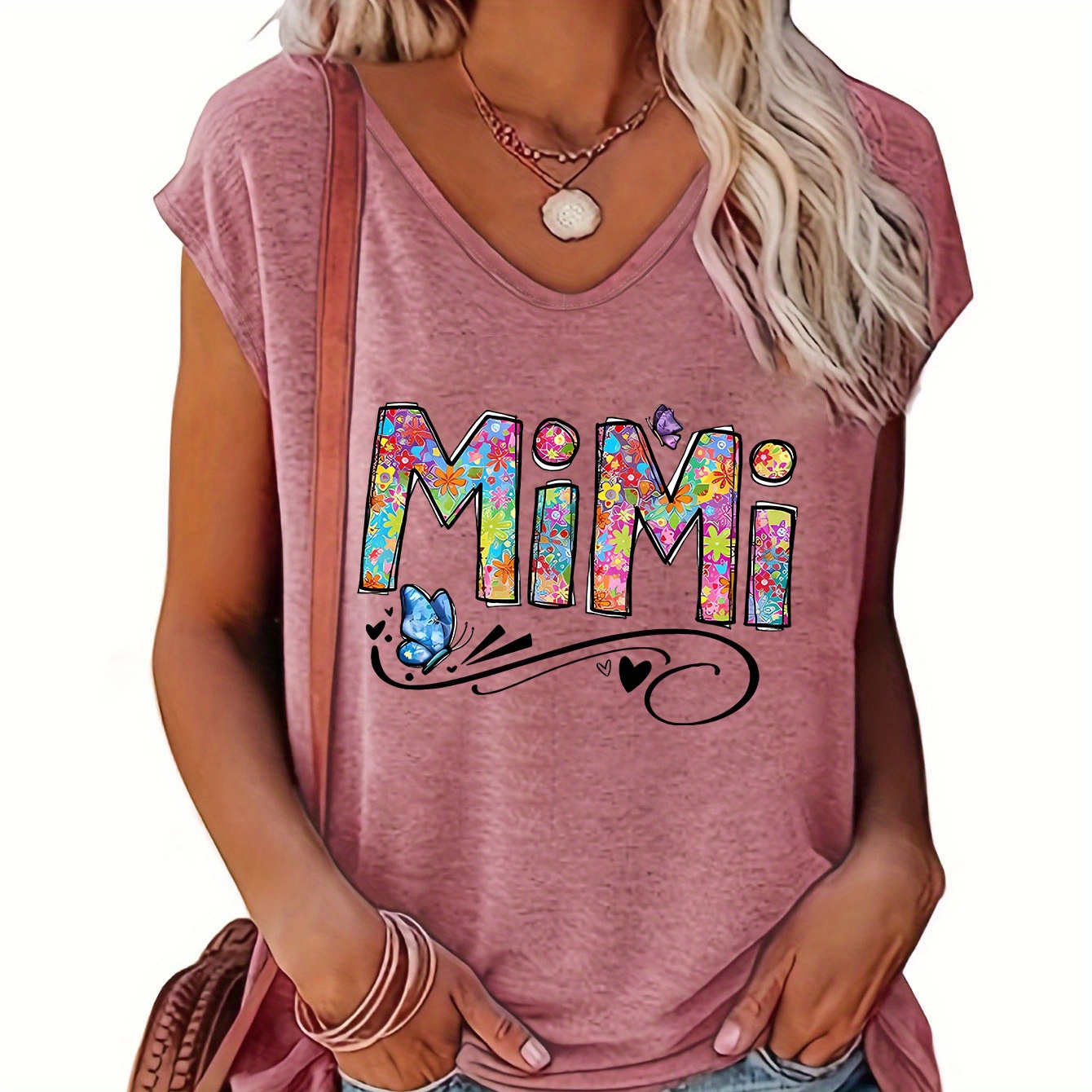 

Mimi Letter Print Cap Sleeve Top, Casual Top For Summer & Spring, Women's Clothing