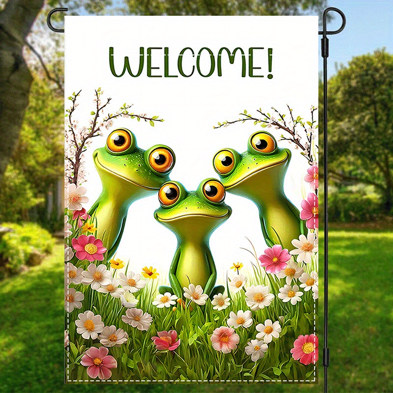 

1pc, Cute Frog Welcome Garden Flag, Floral Print Summer Yard Flag, Funny House Flag Welcome Home Sign Front Door Sign Backyard Flag Lawn Decor Double Sided Waterproof Flag 12x18inch