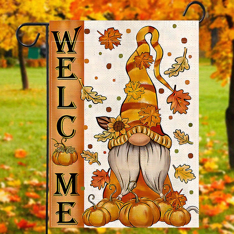 

1pc, Gnome Fall Welcome Garden Flag, Autumn Harvest Pumpkin Print House Flag, Seasonal Yard Flag, Lawn Flag Vertical Burlap Small Banner Double Sided Waterproof Flag 12x18inch