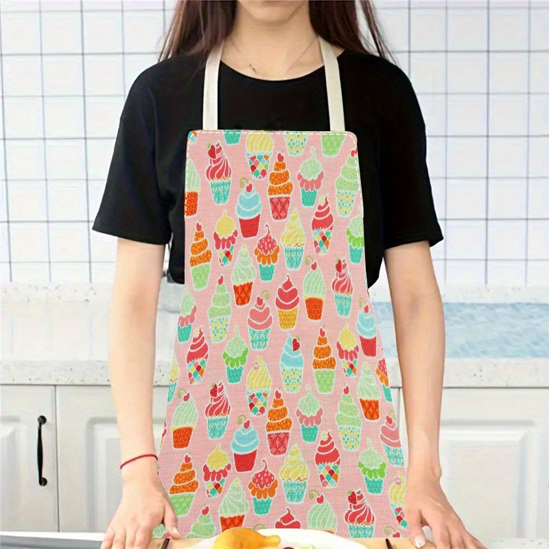 

1pc Fashionable Cupcake Pattern Apron, Durable Linen Fabric, Unique Printed Kitchen Apron With Woven Design For Cooking, Baking, And Party Fun