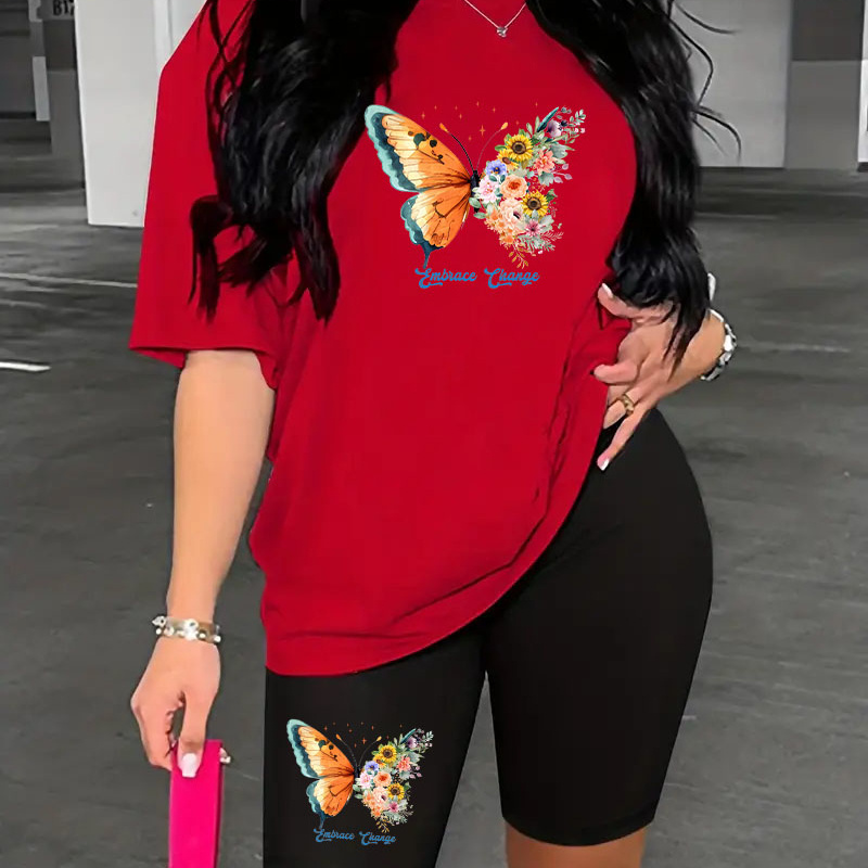 

Butterfly Print Casual Shorts Set, Crew Neck Short Sleeve T-shirt & Skinny Shorts Outfits, Women's Clothing