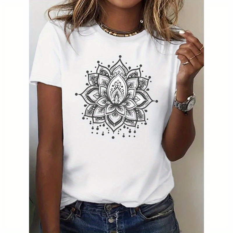 

Floral Print Crew Neck T-shirt, Casual Short Sleeve Top For Spring & Summer, Women's Clothing