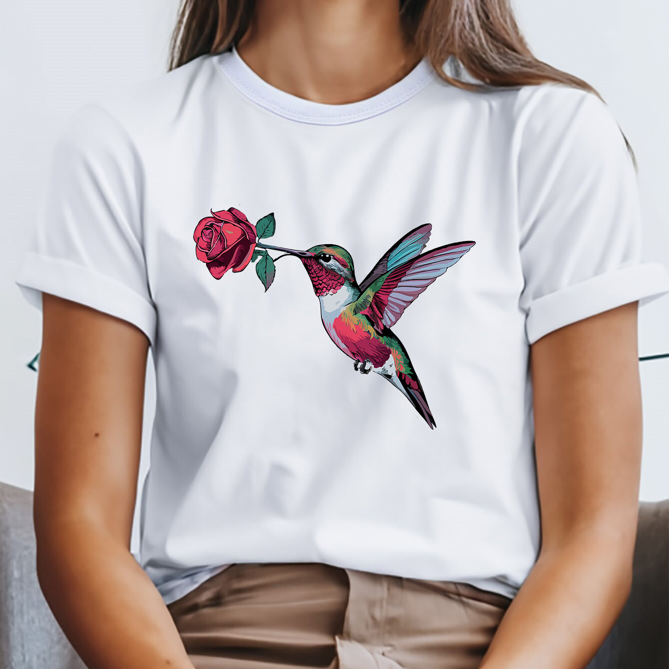 

Bird & Rose Print Round Neck T-shirt, Casual Stretch Short Sleeve Sport T-shirt, Women's Clothing