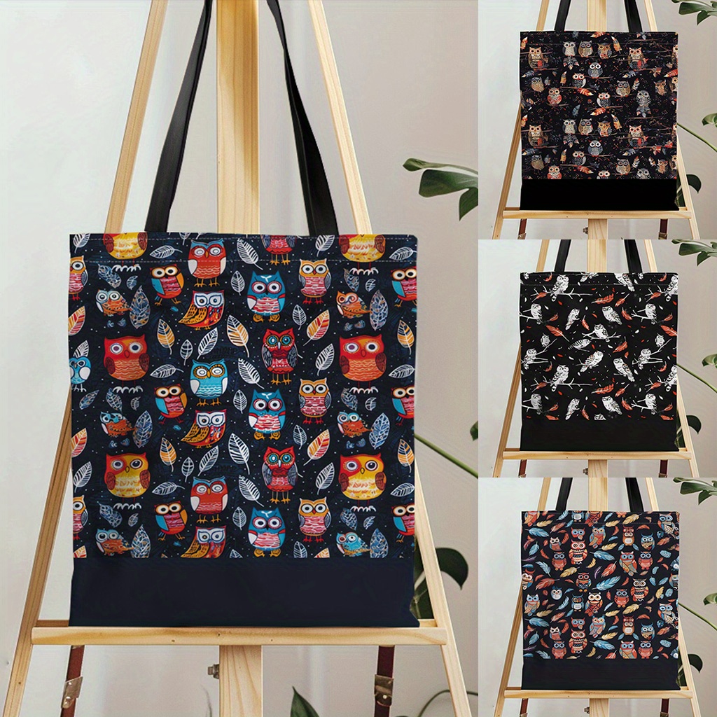 

1pc Cute Owl Pattern Canvas Tote Bag, Lightweight Grocery Shopping Bag, Casual Canvas Shoulder Bag For School, Travel