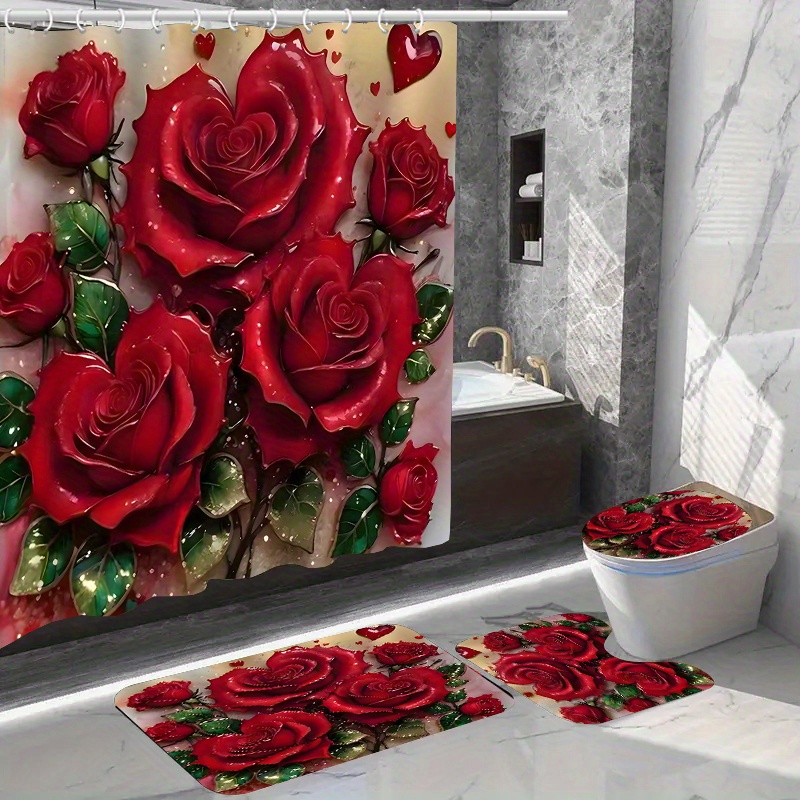 

Chic Red Rose Waterproof Shower Curtain Set With Non-slip Bath Mat, U-shaped Toilet Rug & Lid Cover - Includes 12 Hooks, Polyester Fabric,