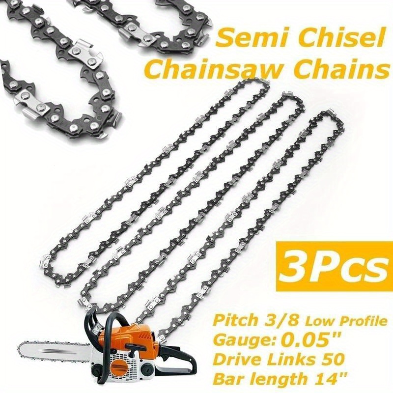 

3pcs, Semi Chisel Chainsaw Chains, 3/8 Lp Pitch, 0.05 Gauge, 50 Drive Links, 14" Bar Length, Replacement Chains For Outdoor Garden Wood Cutting