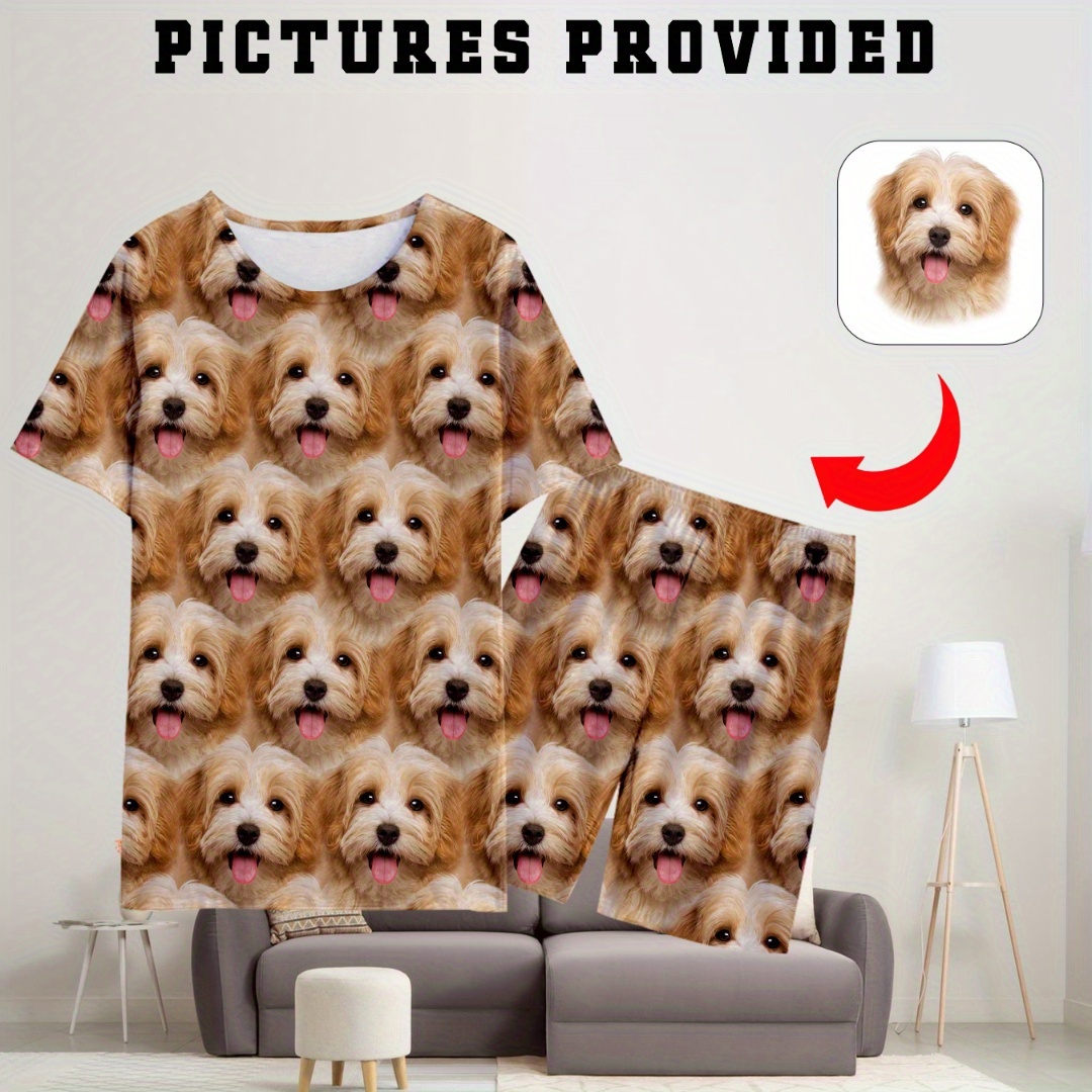 

Men's Dog Print T-shirt & Shorts Set With Personal Photo Customization, Comfy & Loose Lounge Wear Set For Summer Daily Wearing