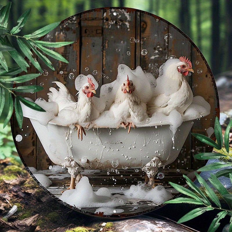 

1pc 8" Round Aluminum Wall Sign With Chickens In Bathtub Design, Waterproof Indoor/outdoor Metal Art Decor For Restaurants And Home