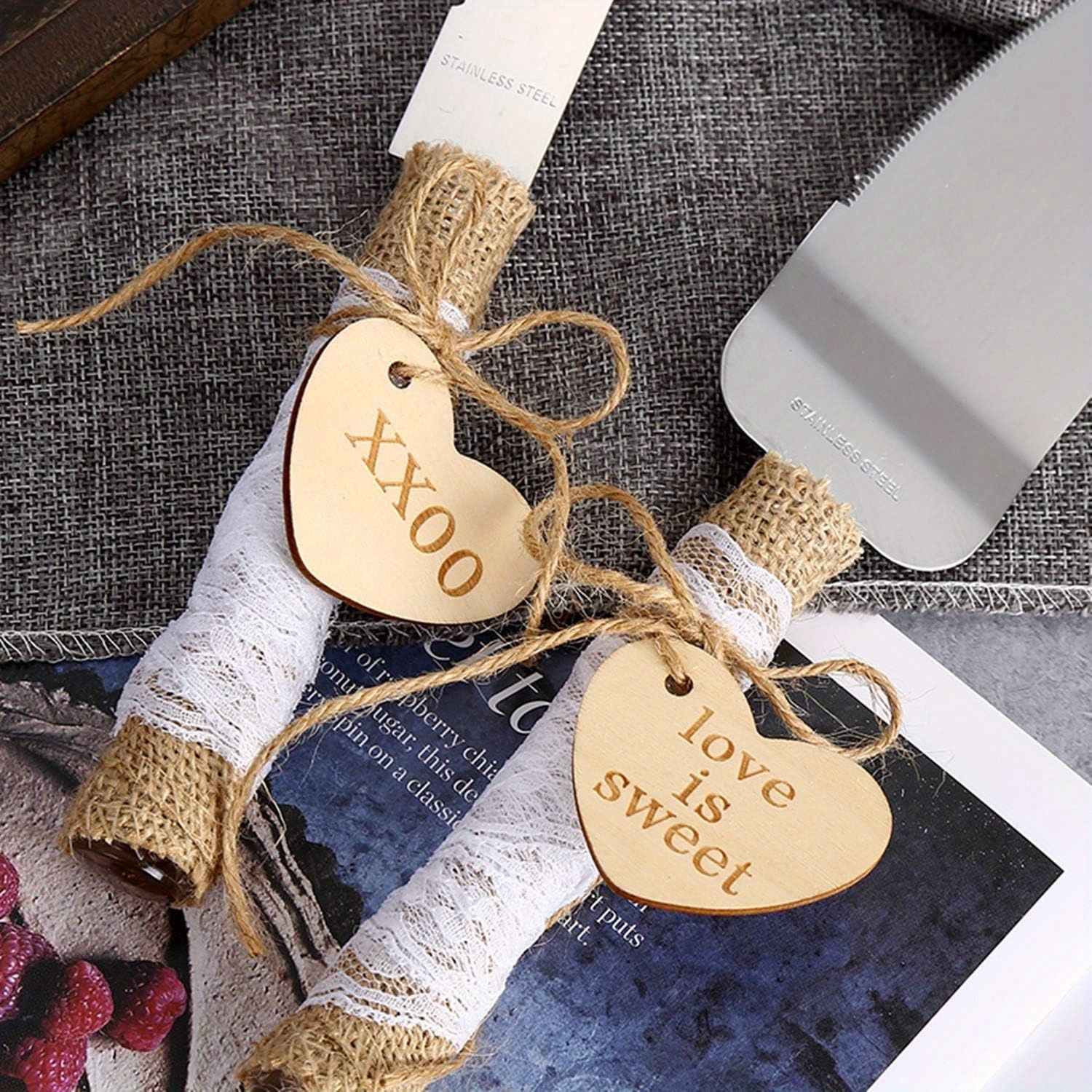 

Stainless Steel Cake Knife And Server Set With Burlap Lace, Twine-wrapped Heart Tag – Elegant Wedding Cake Cutting And Serving Tools