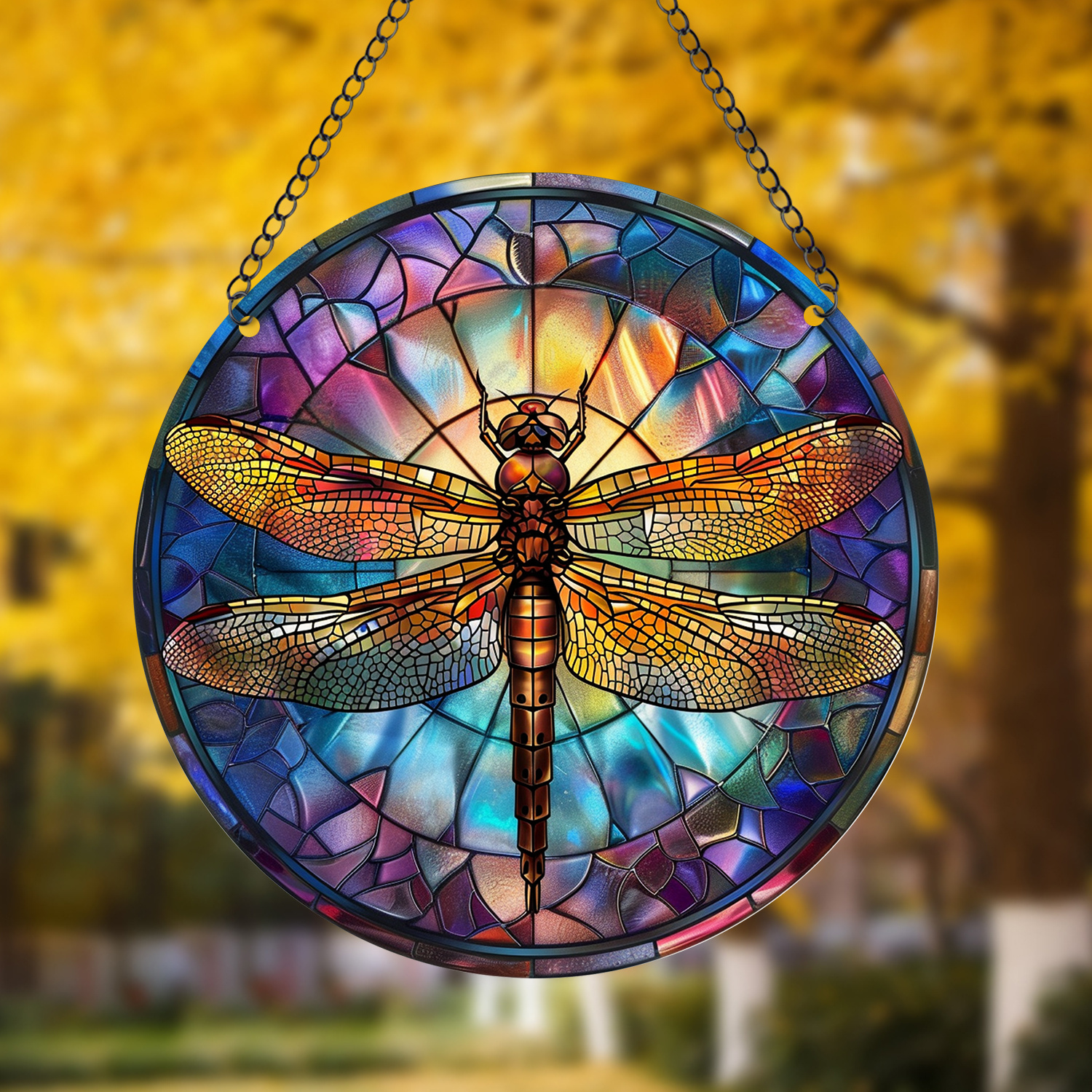 

1pc Dragonfly Stained Glass Suncatcher - 15cm Round Acrylic Wall Art, Vibrant Autumnal Hues, Ideal For Home, Office, Bar Decor - Perfect Housewarming, Friend, Family Gift