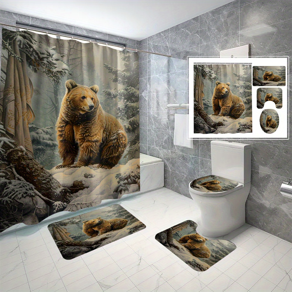 

4pcs/set Waterproof Shower Curtain With 3d Digital Printing, Cartoon Polar , Easy To Clean, No-hole Bath Shower Curtain Set For Bathroom Decor