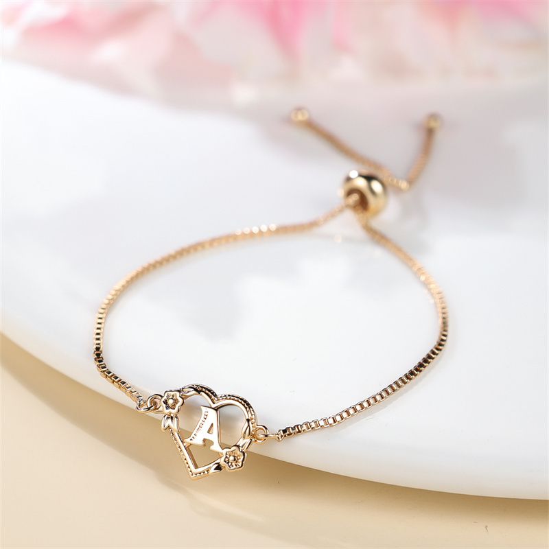 TEMU 1pc Of Golden 26 English Letter Heart Bracelet With Rose Flower, Adjustable Bangle For Valentine's Day Jewelry Gifts