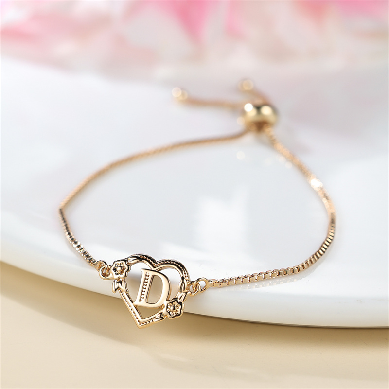 TEMU 1pc Of Golden 26 English Letter Heart Bracelet With Rose Flower, Adjustable Bangle For Valentine's Day Jewelry Gifts
