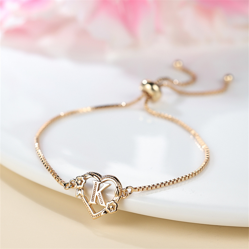 TEMU 1pc Of Golden 26 English Letter Heart Bracelet With Rose Flower, Adjustable Bangle For Valentine's Day Jewelry Gifts