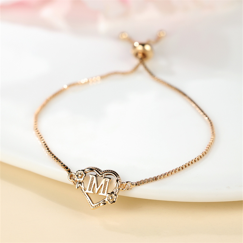 Image of 1pc Of Golden 26 English Letter Heart Bracelet With Rose Flower, Adjustable Bangle For Valentine's Day Jewelry Gifts