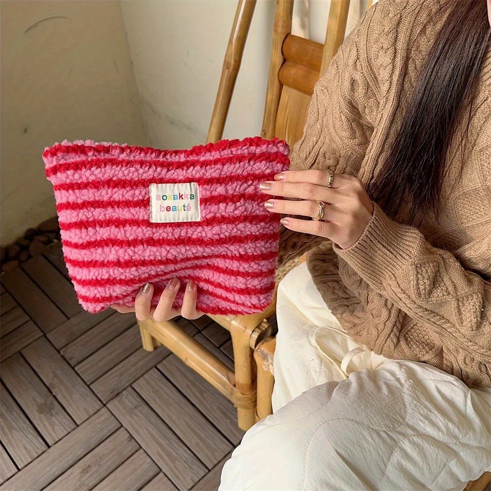 Image of 1pc Large Capacity Plush Cosmetic Bag, Colorful Striped , Soft Makeup Pouch For Travel And Outdoor Use, Hand Washable Toiletries Organizer