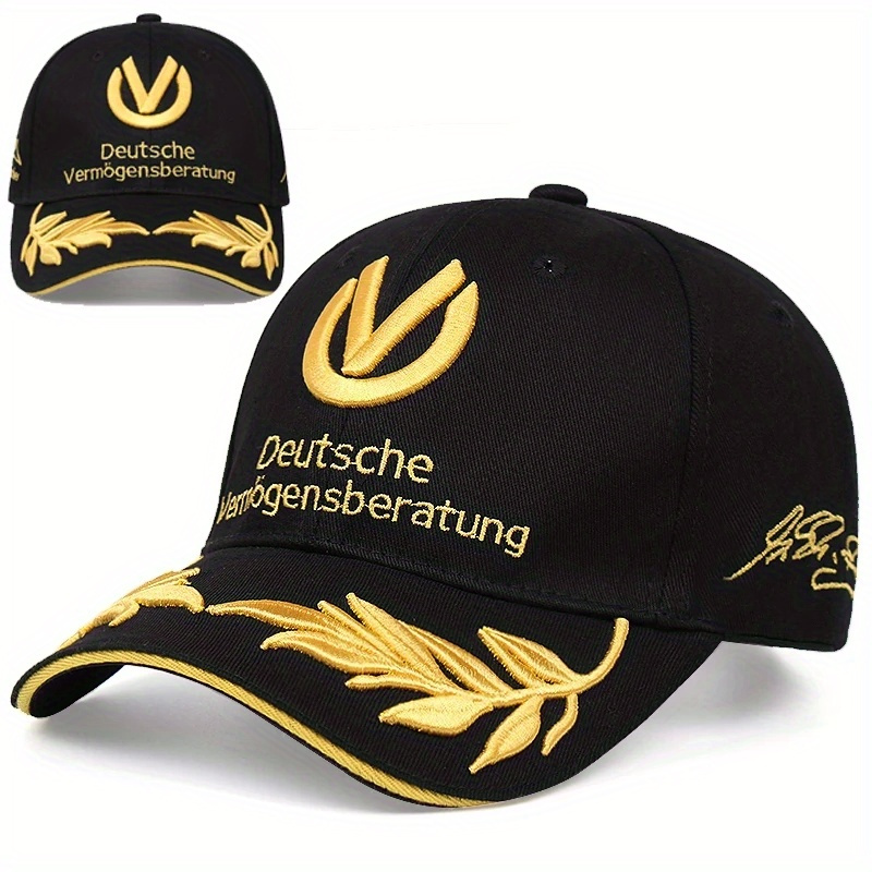 

Letter Embroidered Baseball Cap, Outdoor Sun Protection Peaked Hat, Adjustable Size Sport Cap With Black And Golden Design With Signature Logo