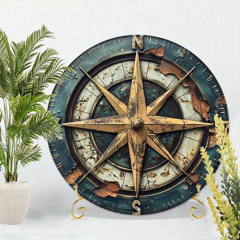 

Vintage Compass Metal Wall Art, 8x8 Inches - Easy Install Pre-drilled, Durable & Stylish Decor For Home, Cafe, Bar, Club