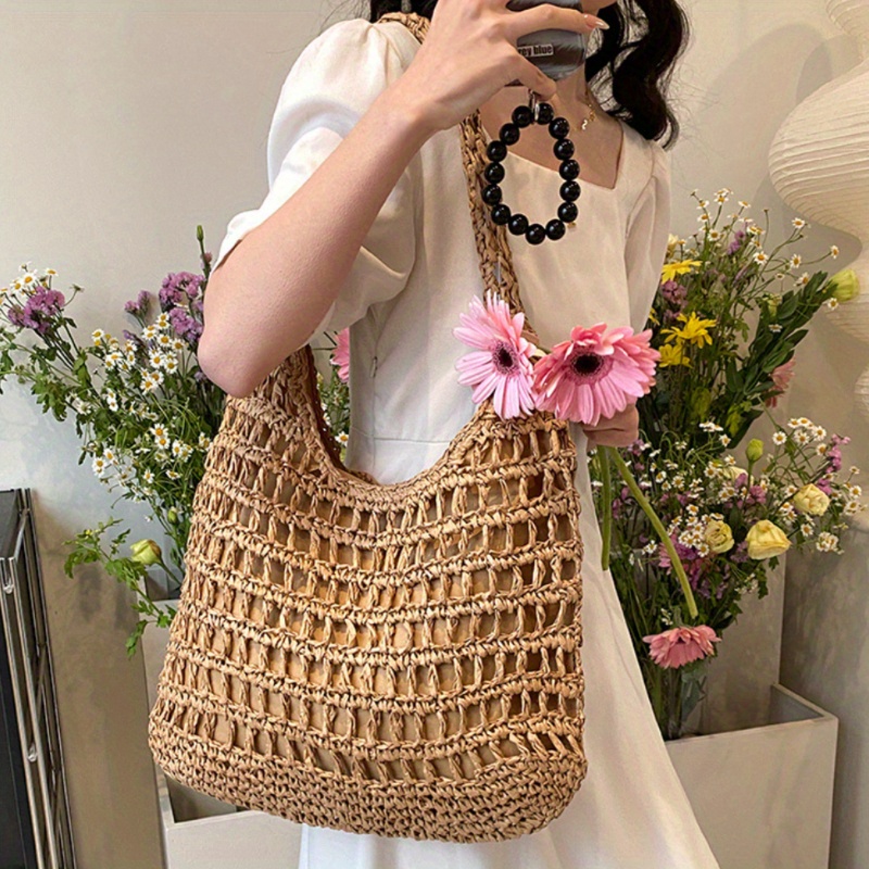 

Trendy Large Capacity Straw Woven Bag For Women, Perfect For Spring Forest Style, Underarm Wind Beach Woven Tote Bag