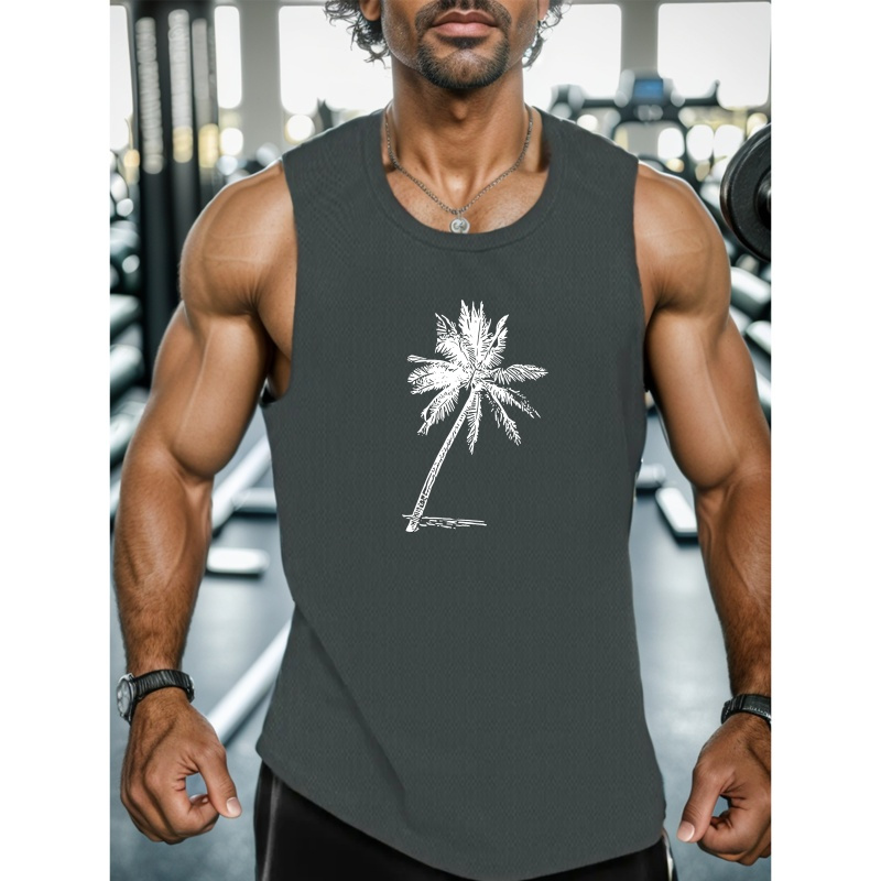 

Coconut Tree Holidays Print Men's Summer Quick Dry Moisture-wicking Breathable Tank Tops Athletic Gym Bodybuilding Sports Sleeveless Shirts, For Workout Running Training Men's Clothes