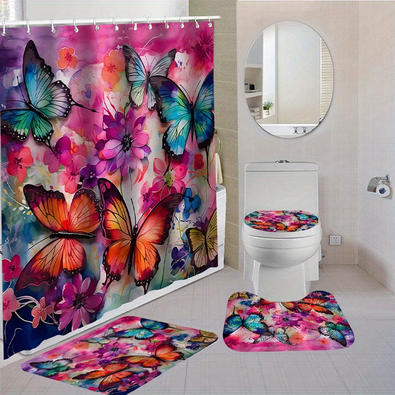 

1/4pcs Butterfly Shower Curtain Set With Non-slip Bath Mats, Toilet Lid Cover & Rug, Polyester Fabric, Waterproof, Includes 12 Hooks, Washable Bathroom Decor