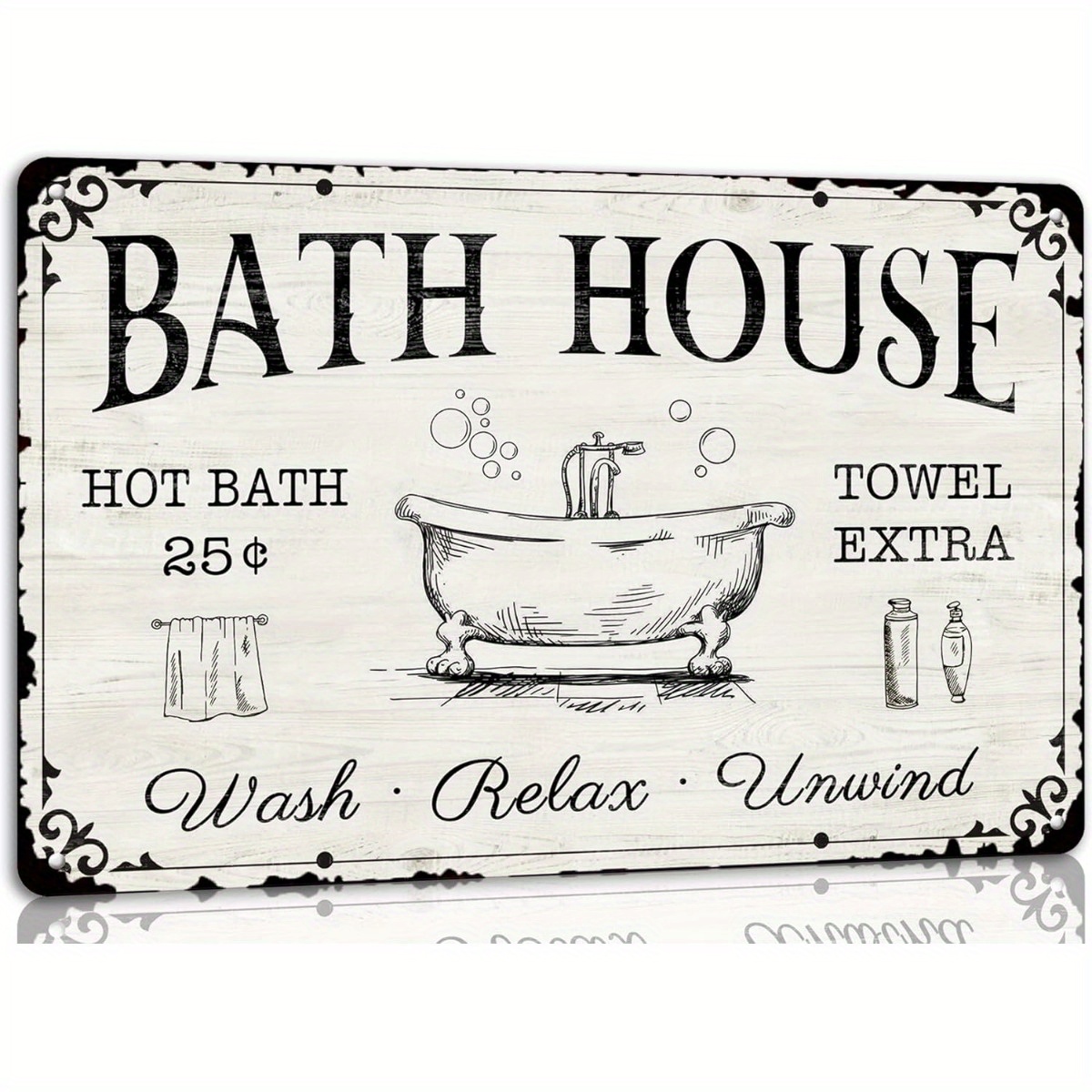 

Bath House Vintage Metal Tin Sign - Relaxing Farmhouse Bathroom Wall Decor With Hot Bath Towel Extra Wash Relax Unwind Plaque - 8x12 Inch Retro Home Decor Gift